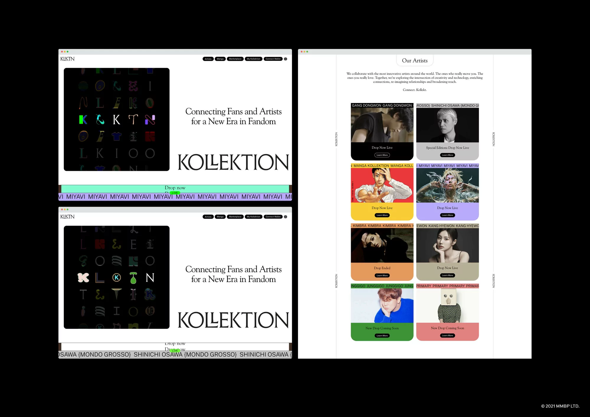 Website KOLLEKTION promoting fans and artists in the new era of fandom; web design featuring images, branding, and navigation.