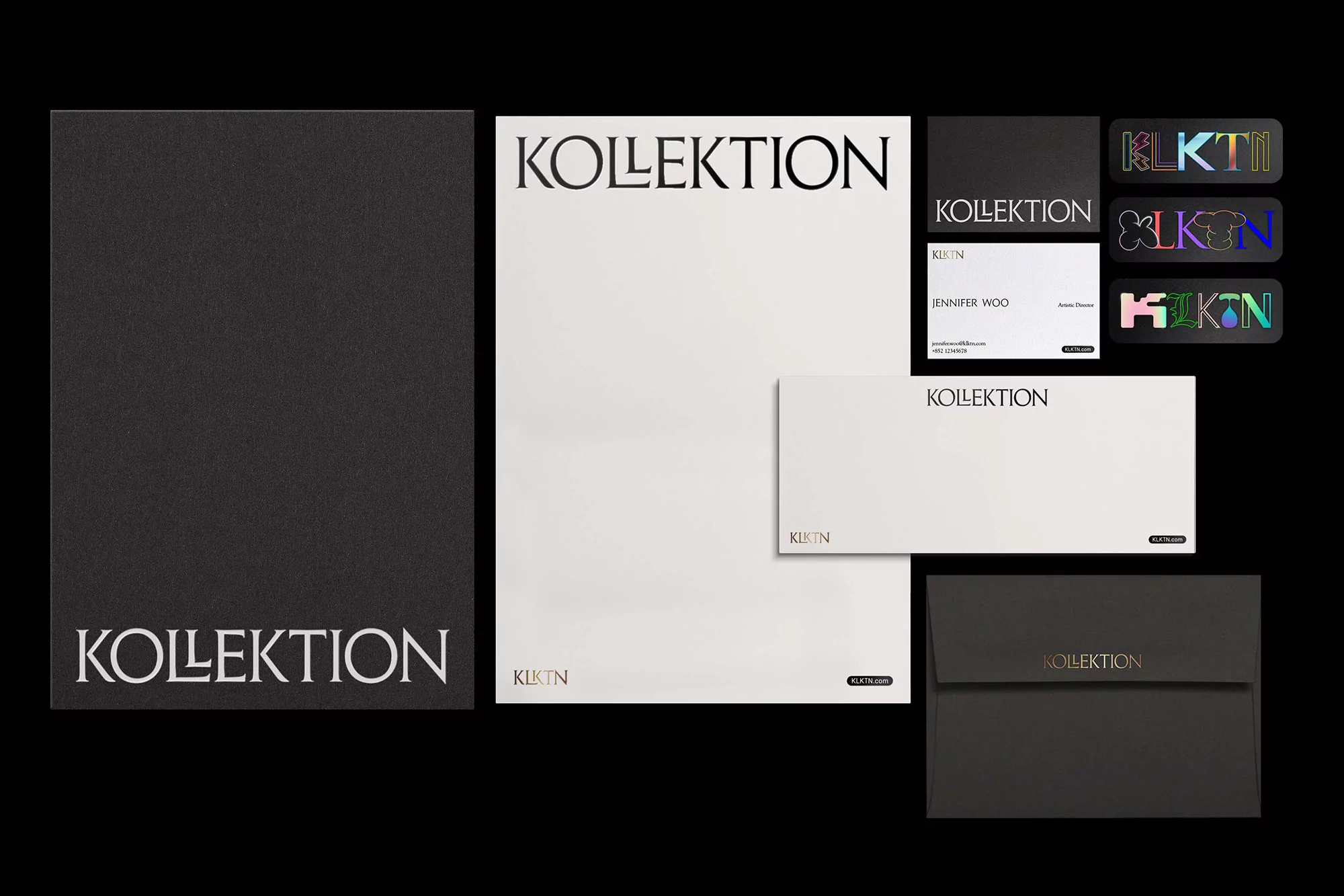 Close-up of Kollektion stationery set featuring letterhead, envelope, business card, and sticker sheets in black and white tones.