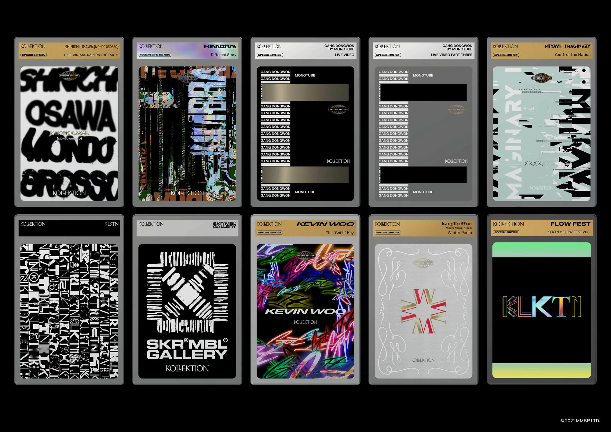 Collection of artistic trading cards featuring graphic designs, typography, and abstract elements in black, white, and neon colors.