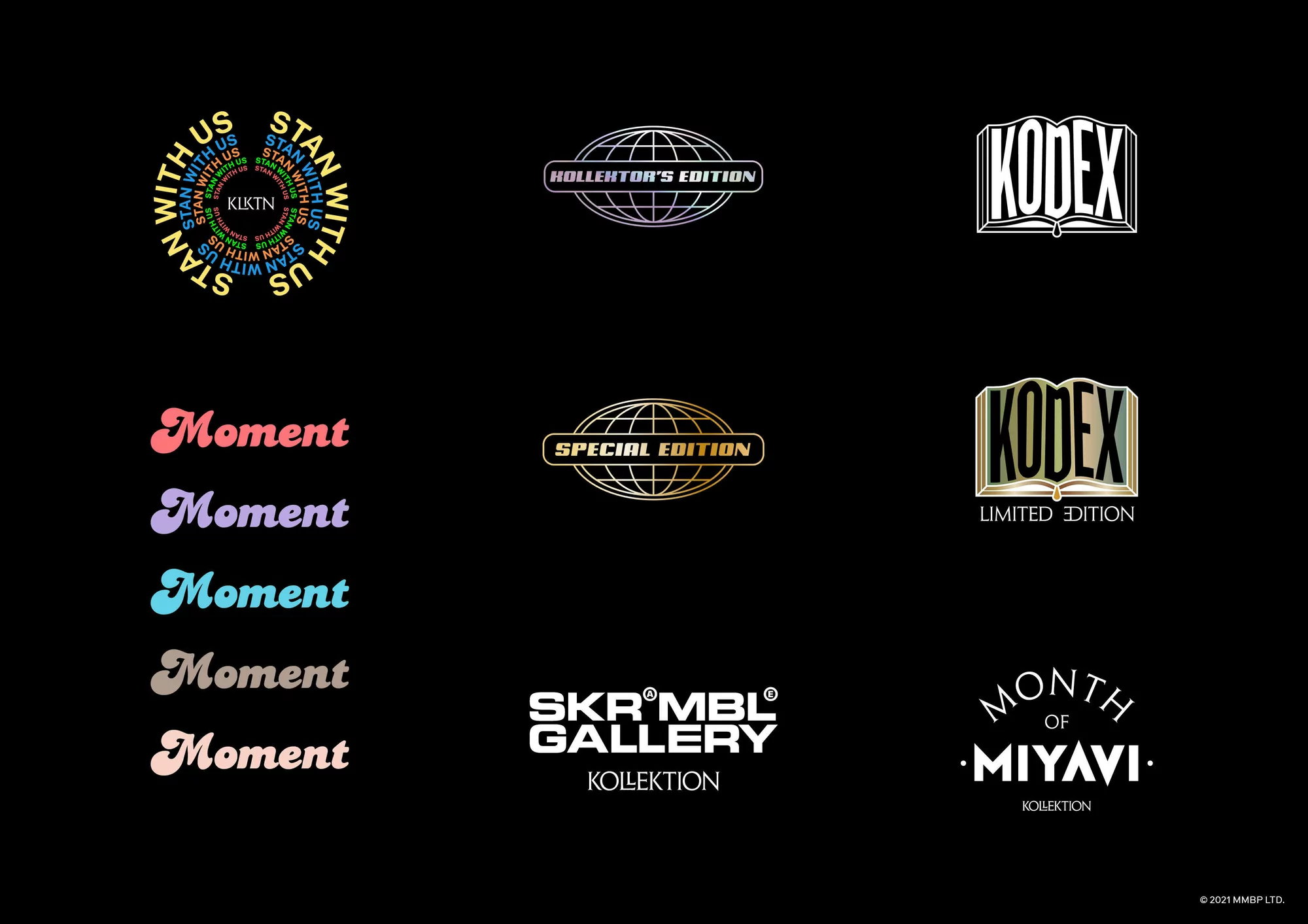 Collection of graphic logos and wordmarks against a black background featuring brand names, taglines, and design elements.