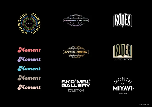 Collection of graphic logos and wordmarks against a black background featuring brand names, taglines, and design elements.