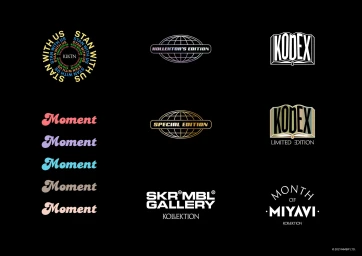 Graphic design brand identity elements including typographic logos and emblems for KLKTN on a black background