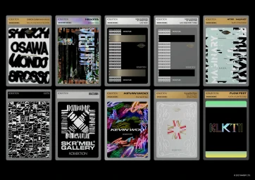 Collection of ten digital collectible trading cards featuring varied typography, abstract graphics, and branding for KLKTN.