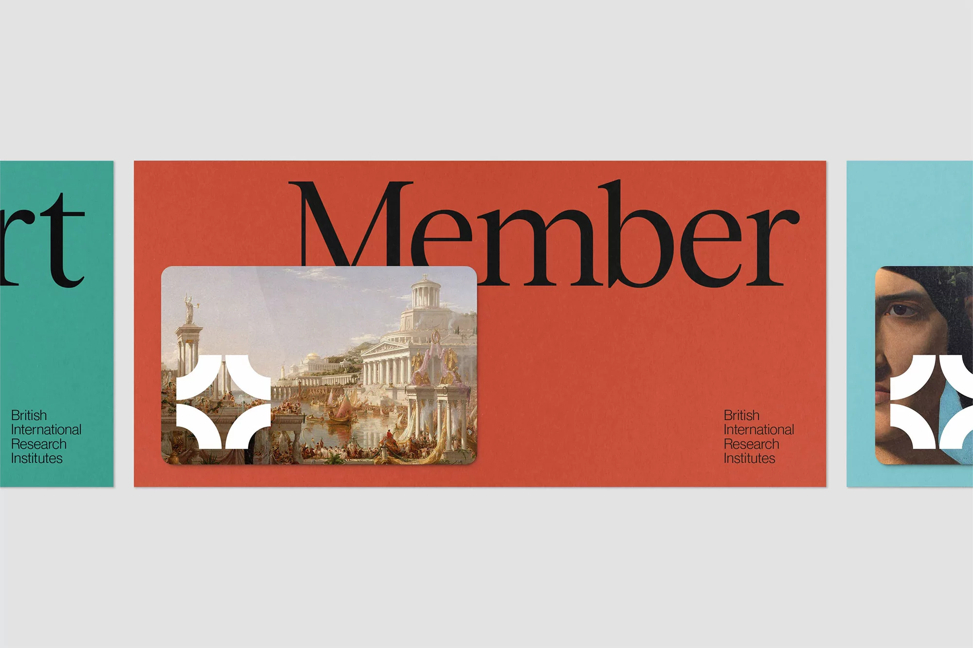 Art exhibition promo featuring reproductions of classical paintings and typographic layout with the words 'Member' and British Institutes.