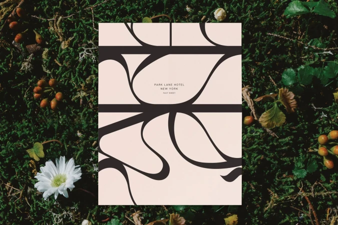 Promotional shot for Park Lane Hotel New York featuring a brochure on mossy ground with flowers and foliage creating a natural setting.