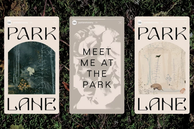 Three mobile phone mockups display artwork of animals and foliage on a green mossy background. Text reads: Park Lane.