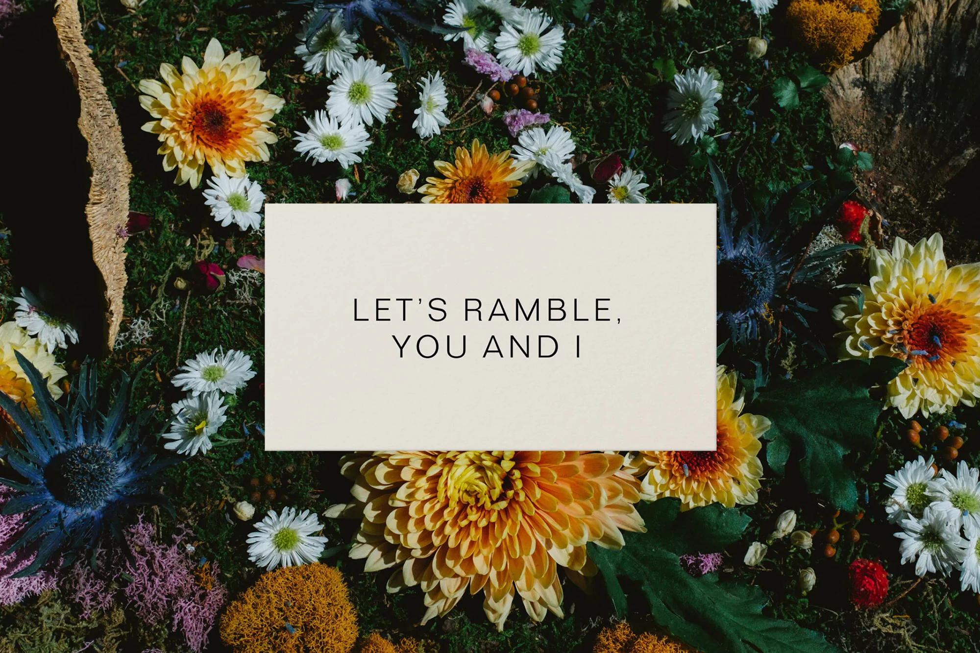 Cream-colored card with the text 'Let's ramble, you and I' surrounded by yellow, white, orange flowers and green moss background. 