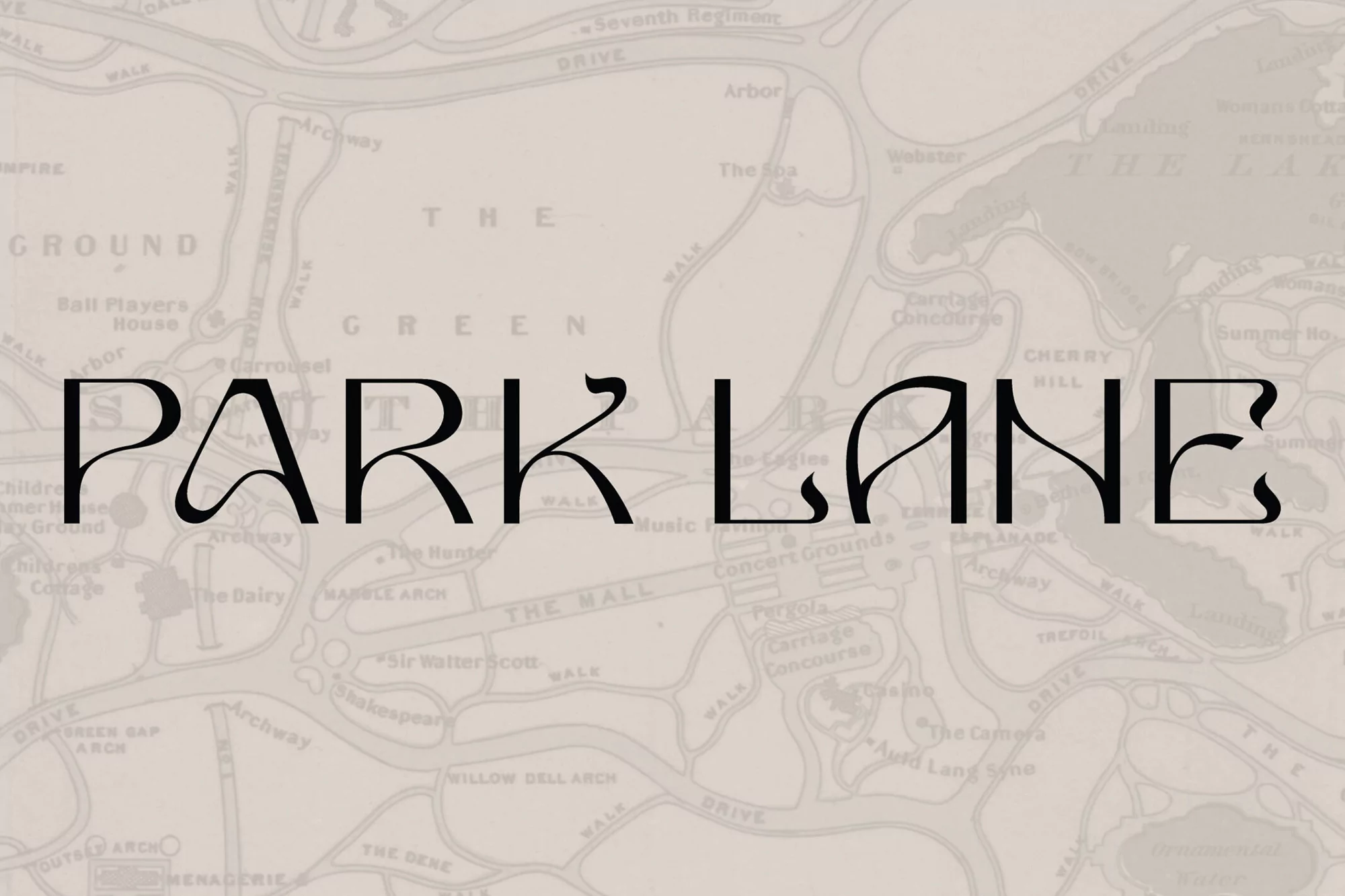 Typographic display of 'Park Lane' over a vintage map of Central Park, New York, showing walking paths and landscape features.