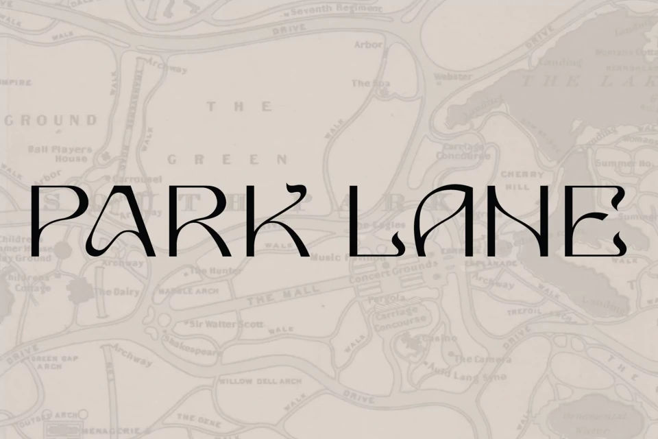 Typographic display of 'Park Lane' over a vintage map of Central Park, New York, showing walking paths and landscape features.