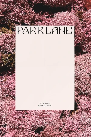 Flyer for Park Lane real estate, features a pale pink flyer with black text laid flat on top of pink and green mossy ground cover.