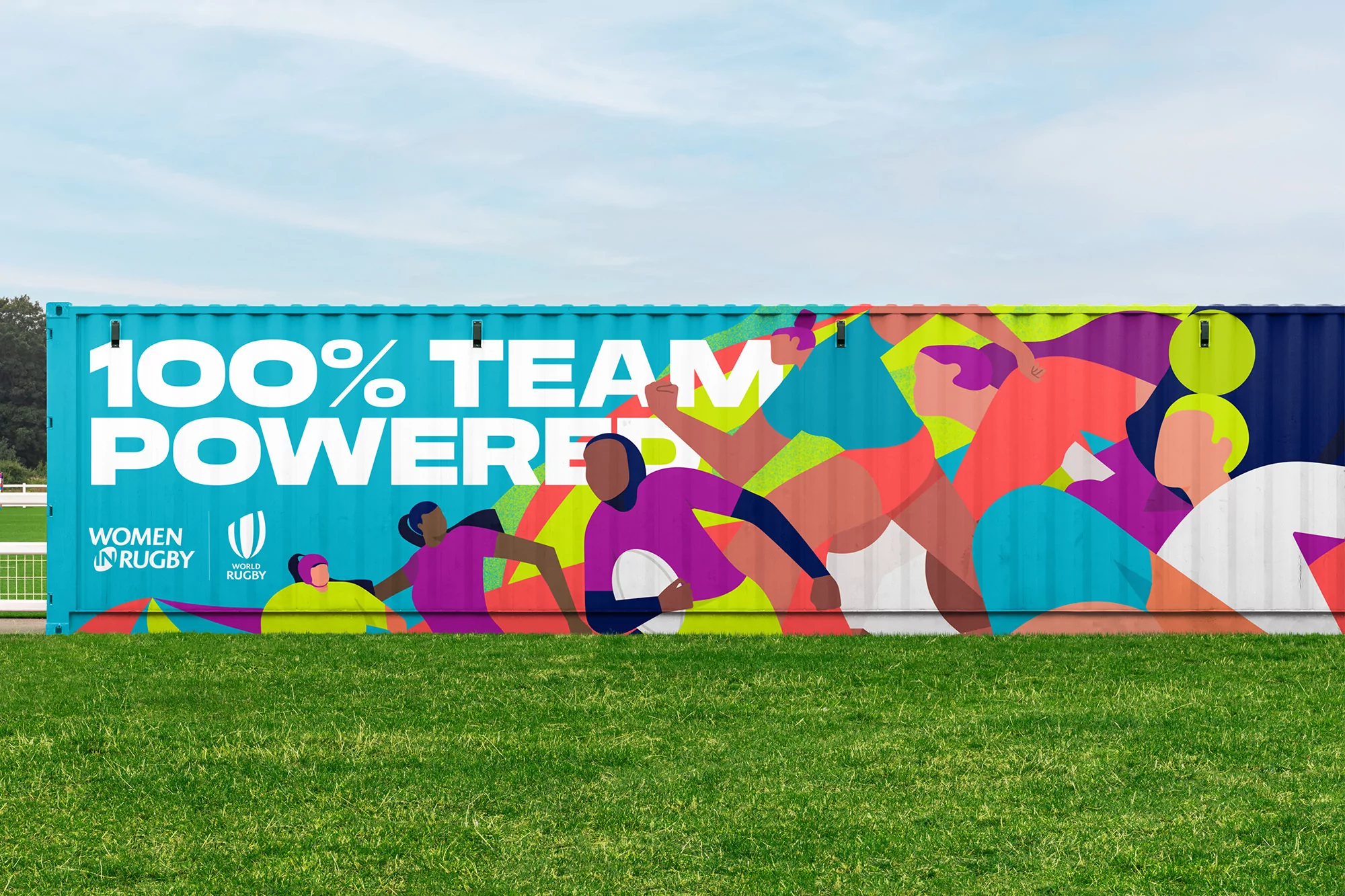 Illustration of female athletes adorns a turquoise container on a green lawn under a blue sky, promoting Women's Rugby and team power.