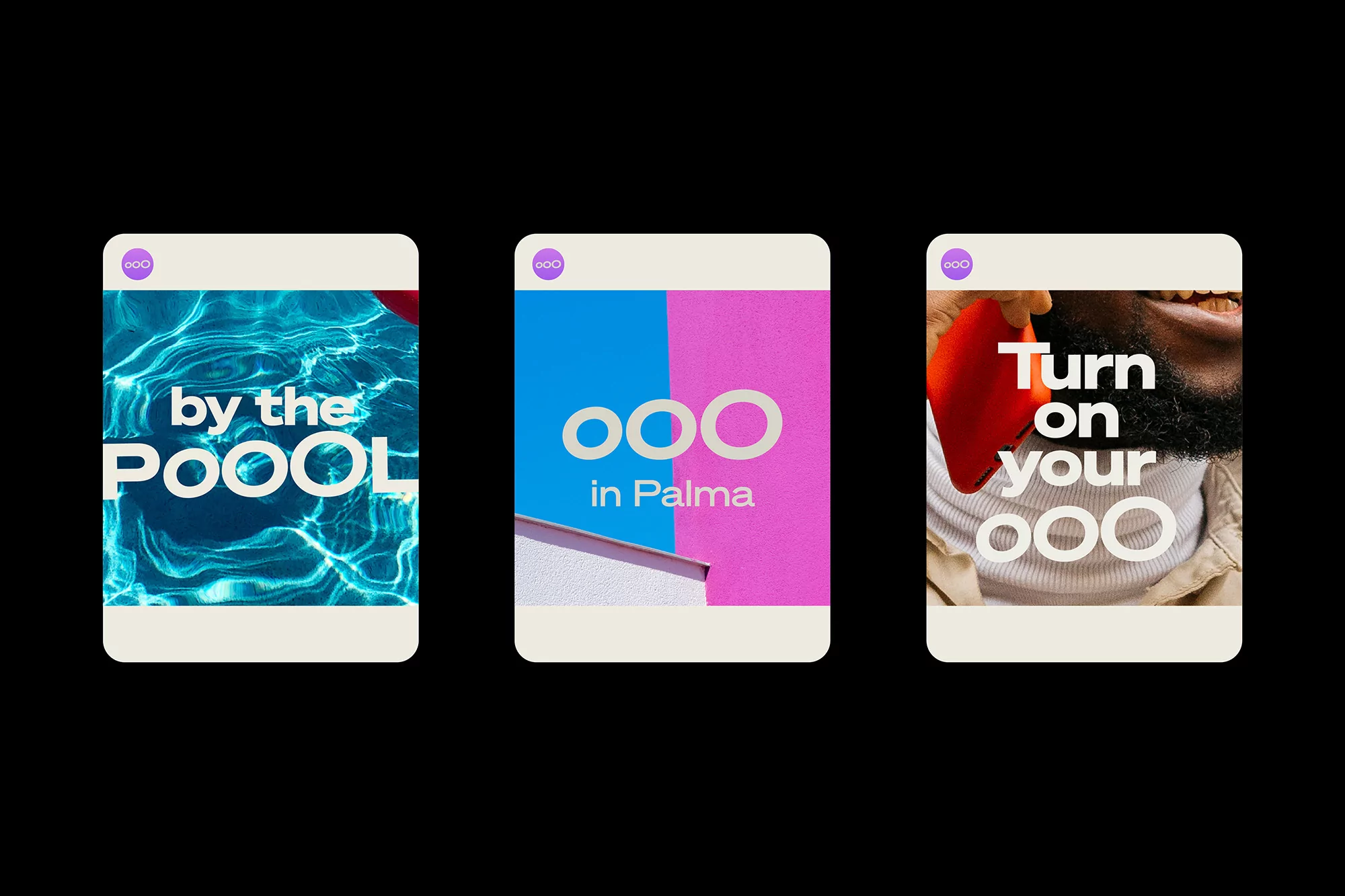 Modern promotional imagery featuring pool water, geometric shapes, and a person holding a phone to their face.