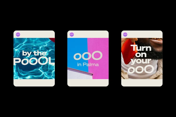 Modern promotional imagery featuring pool water, geometric shapes, and a person holding a phone to their face.