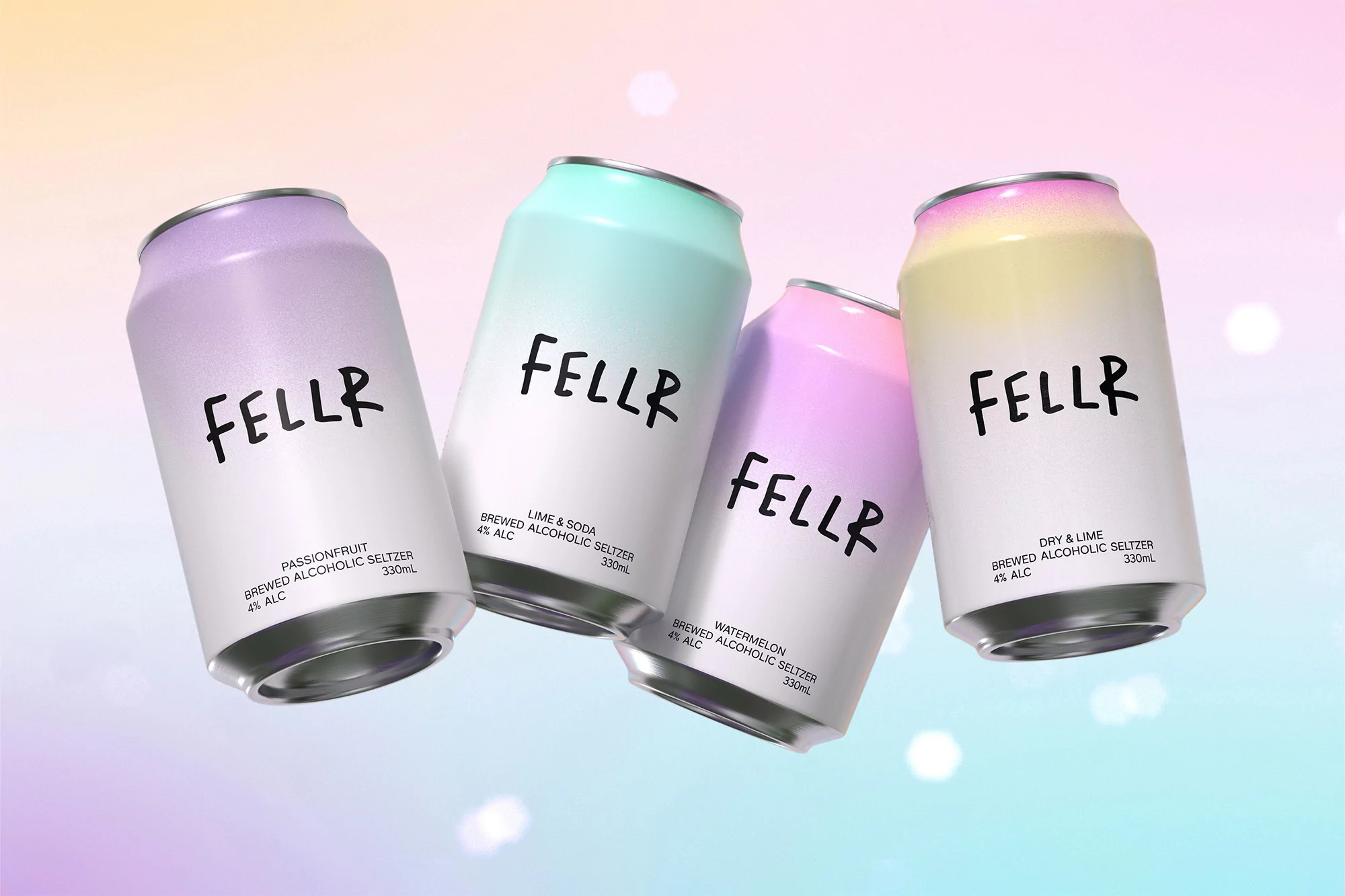 Four cans of FELLR brewed alcoholic seltzer in passionfruit, lime & soda, watermelon, and dry & lime flavors, floating in a colorful gradient.