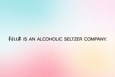 Text graphic reading FELLR IS AN ALRICOHOLIC SELTZER COMPANY against a pastel gradient background with grain texture.