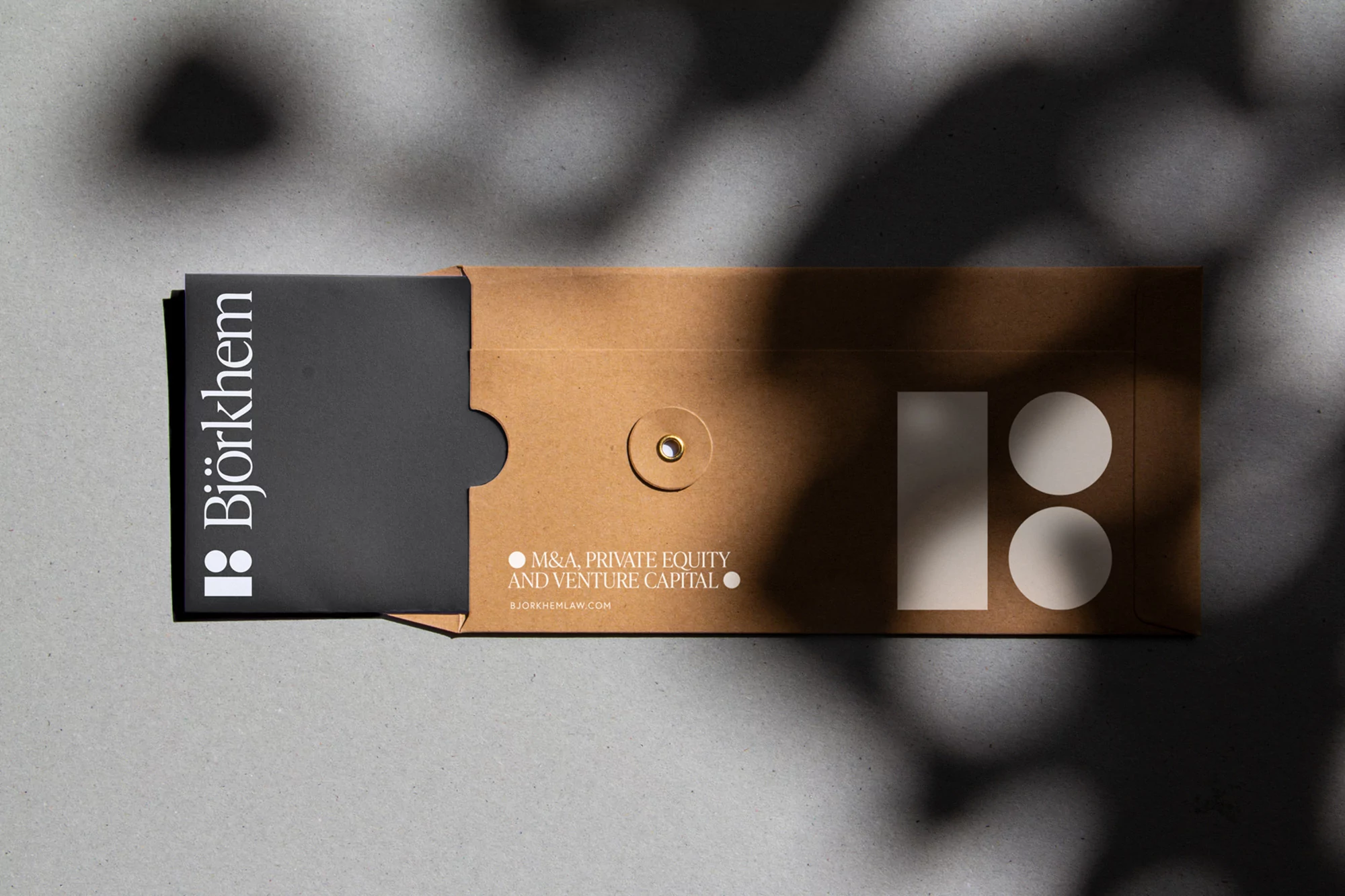 Promotional image featuring a kraft paper envelope with the Bjorkhem logo, a financial company specializing in private equity and venture capital.