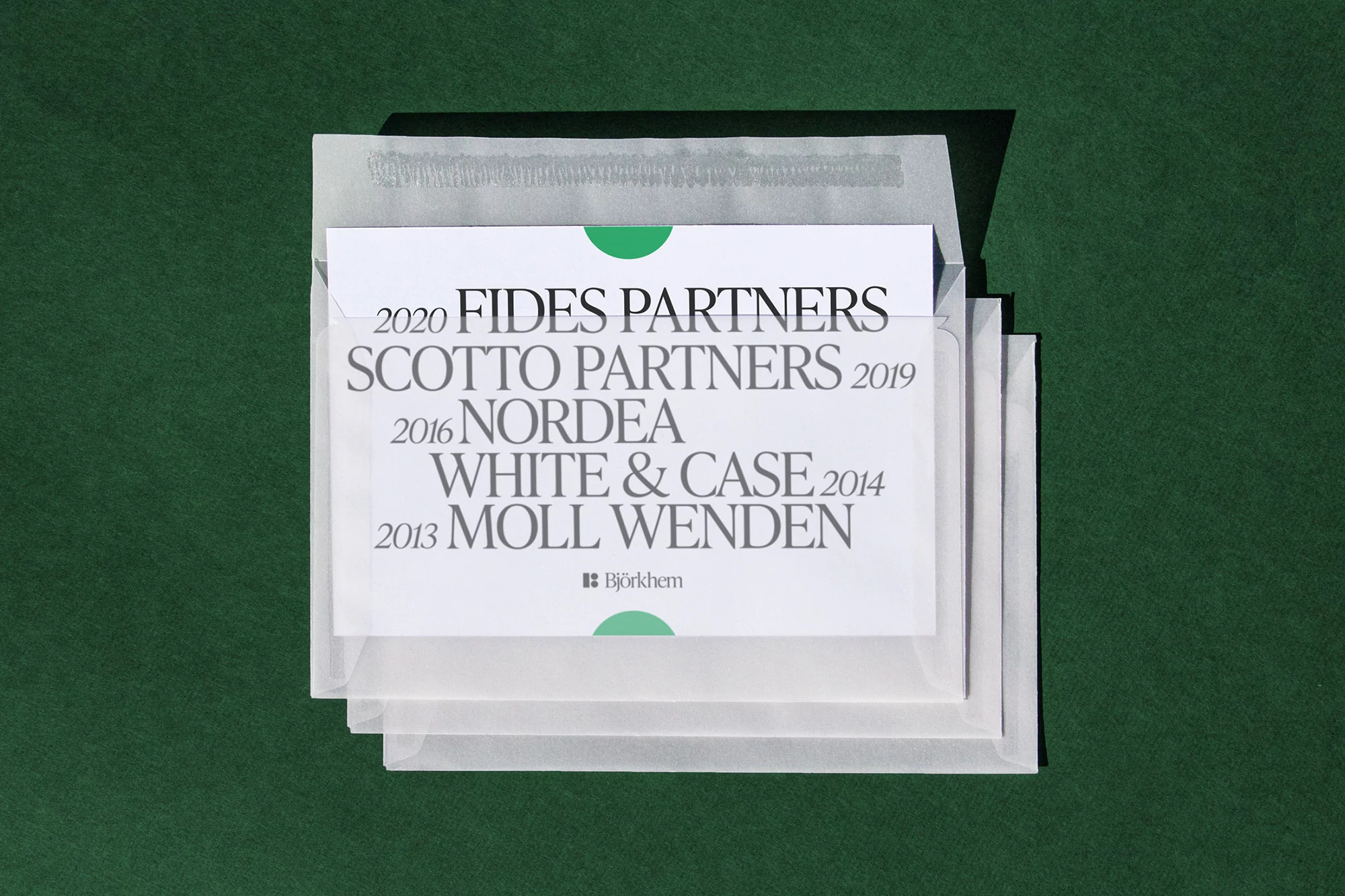 Stack of envelopes and a card featuring FIDES PARTNERS, SCOTTO PARTNERS, NORDEA, WHITE & CASE, and MOLL WENDEN on a green background.