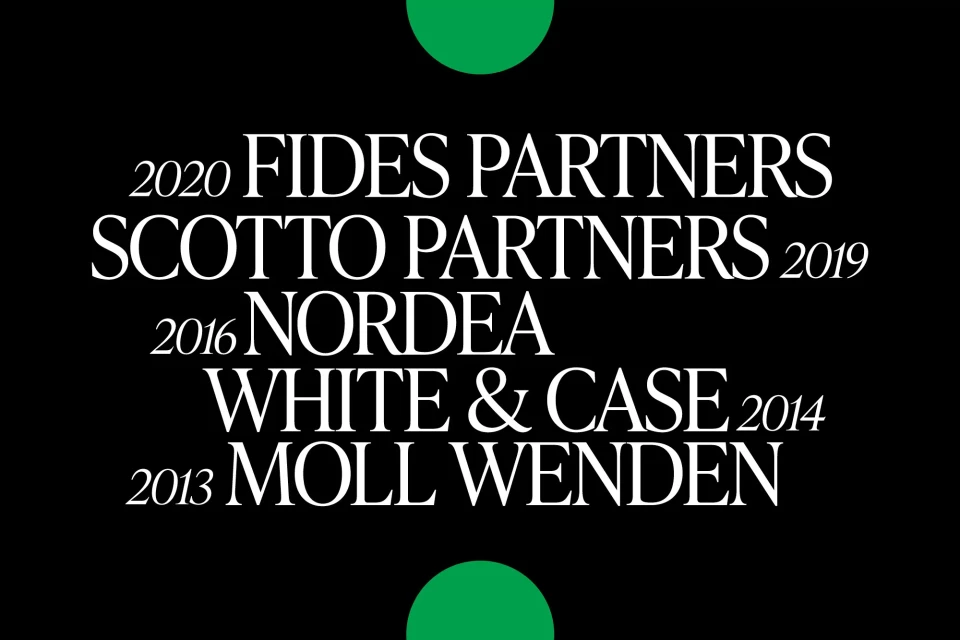 Graphic design featuring company names like Fides Partners and Nordea, with dates, in white text on a black background with green dots.