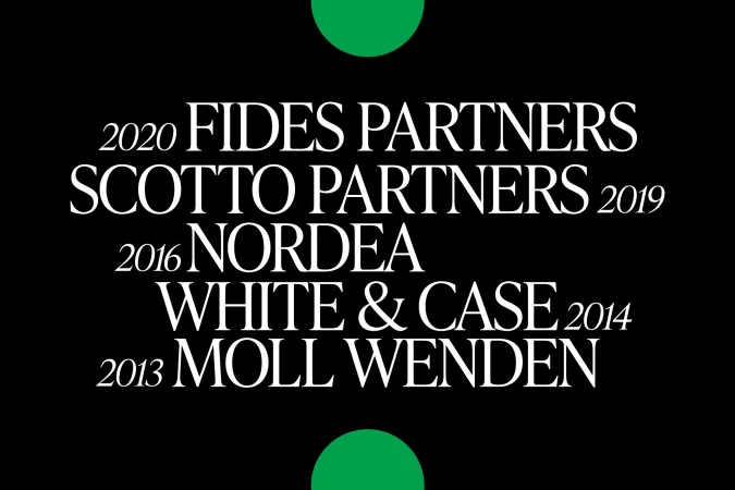 Graphic design featuring company names like Fides Partners and Nordea, with dates, in white text on a black background with green dots.