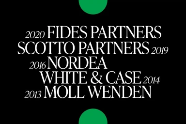 Typography graphic design branding layout featuring white serif text on a black background with green circular dots.