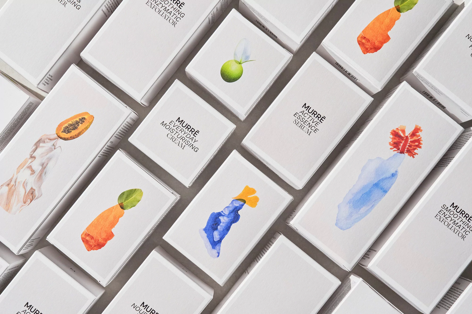 Cosmetic packaging array: Murré brand boxes featuring watercolor fruit designs, product names like 'Everyday Moisturising Cream' and 'Active Essence Serum'.