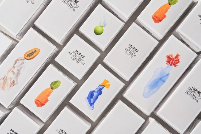 Cosmetic packaging array: Murré brand boxes featuring watercolor fruit designs, product names like 'Everyday Moisturising Cream' and 'Active Essence Serum'.