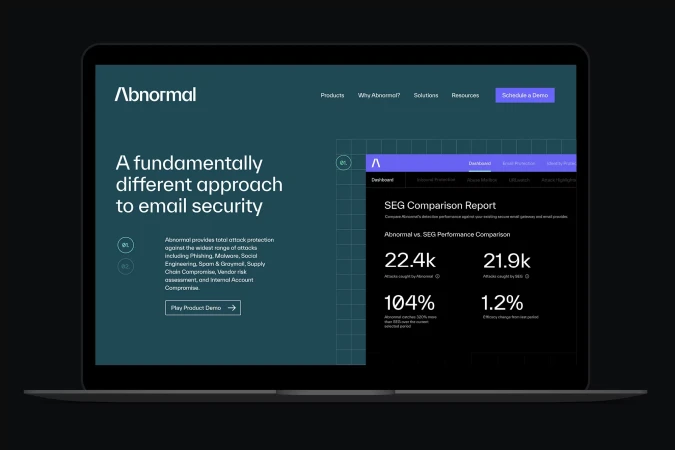 Screenshot of the Abnormal website on a laptop, displaying email security solutions, featuring a dashboard and security performance comparisons.