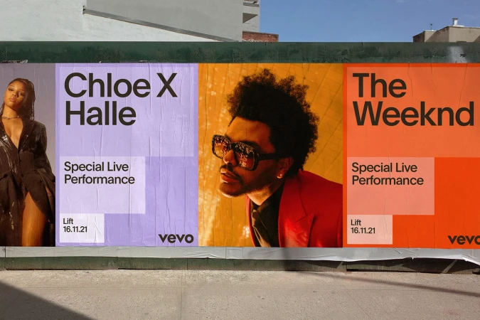 Outdoor advertising featuring Chloe X Halle and The Weeknd on a billboard, promoting a special live performance for Vevo on Lift 16.11.21.