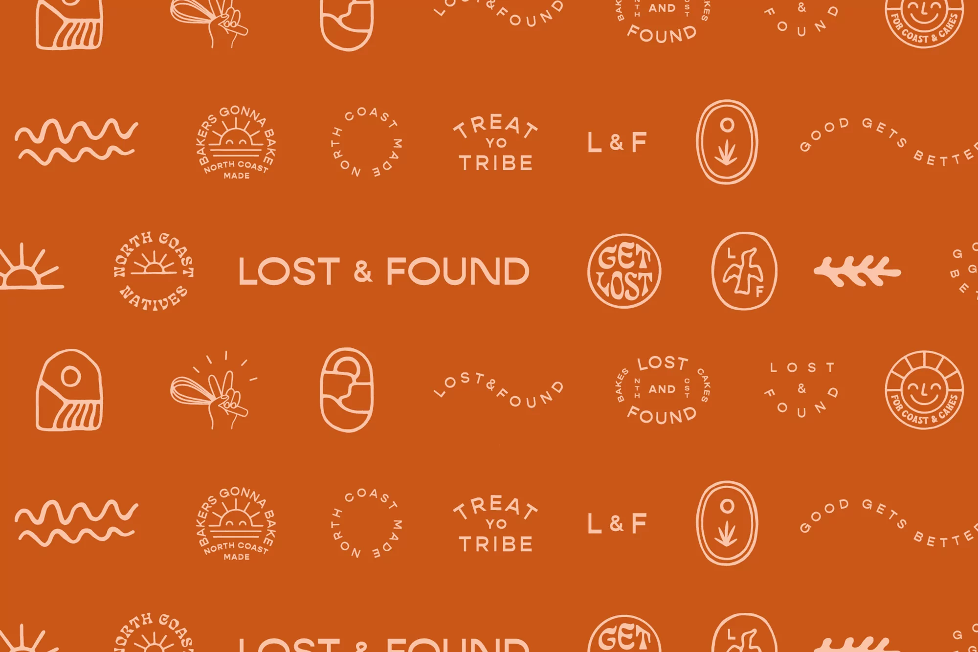 Patterned background with repeating logos and text elements in white against an orange backdrop, creating a consistent design.