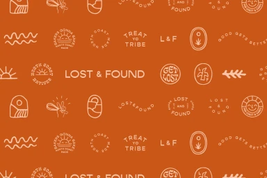 Orange graphic pattern background featuring various white line icons, badges, and brand typography for Lost and Found