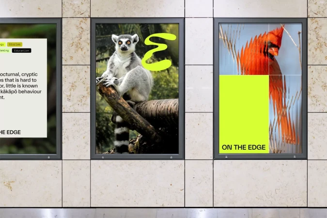 Wildlife promotion poster featuring a lemur perched on a branch, and a cardinal bird, against a neutral-tiled background.