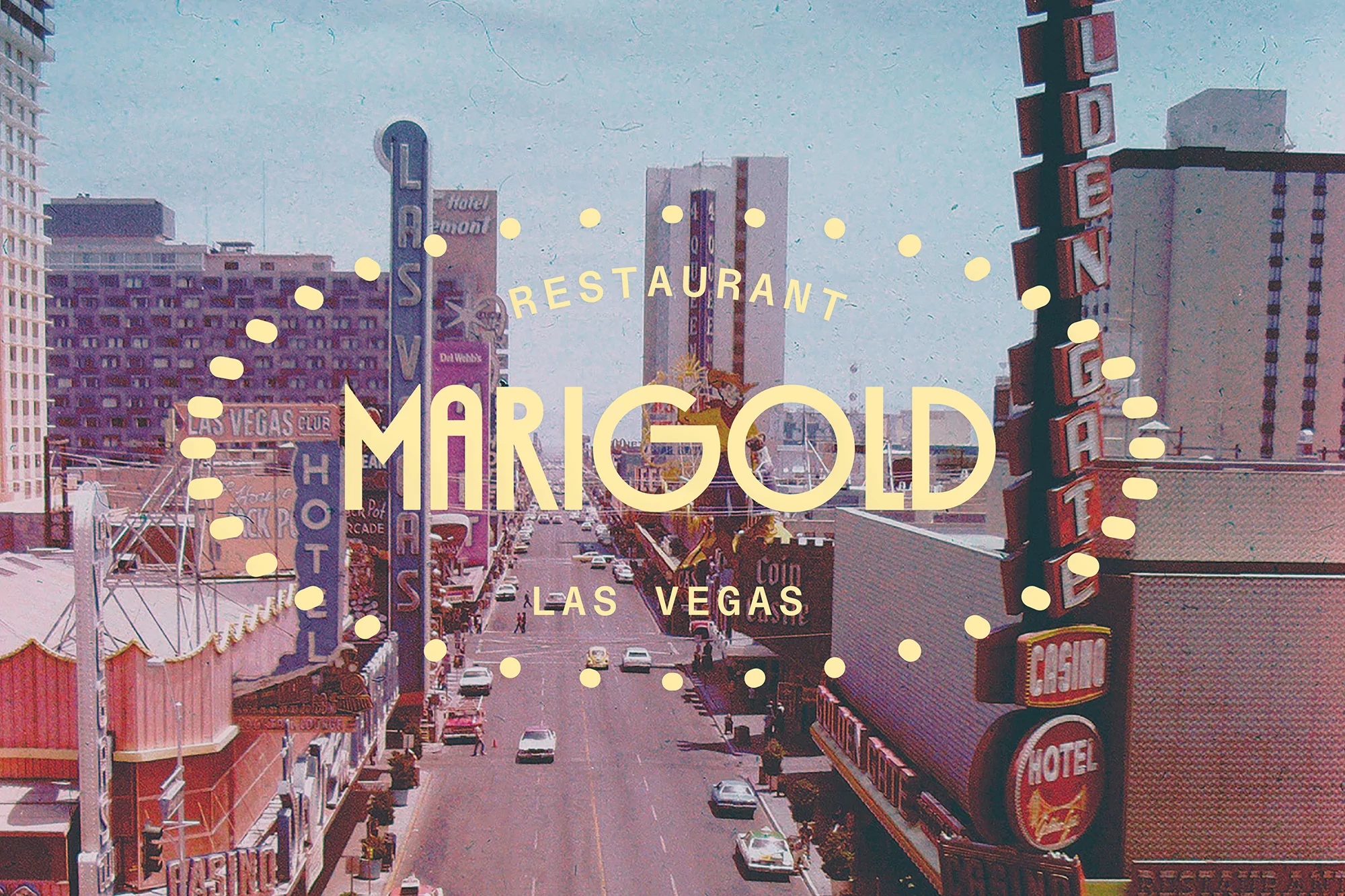 Vintage postcard of Las Vegas, Nevada, featuring neon hotel and casino signs, classic cars, and buildings under a clear blue sky.