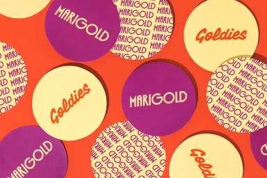 Overlapping circular graphic cards featuring brand typography on an orange background
