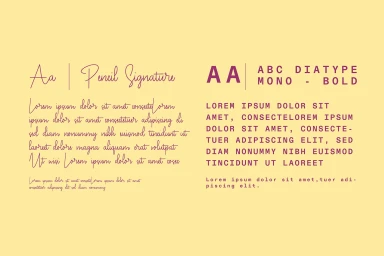 Marigold brand identity typography specimen displaying Pencil Signature and ABC Diatype Mono Bold typefaces on pale yellow background.