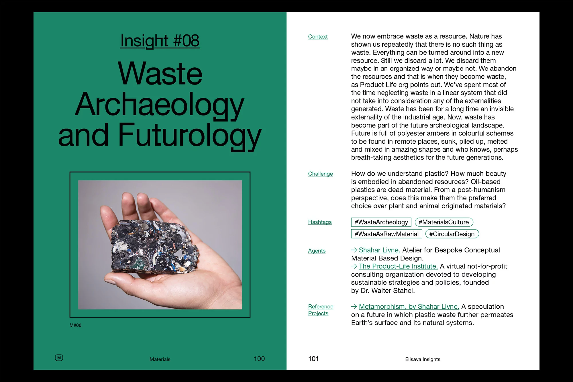 Hand holds repurposed waste material on a magazine page. Article discusses waste archaeology, repurposing, and sustainable design for the future.