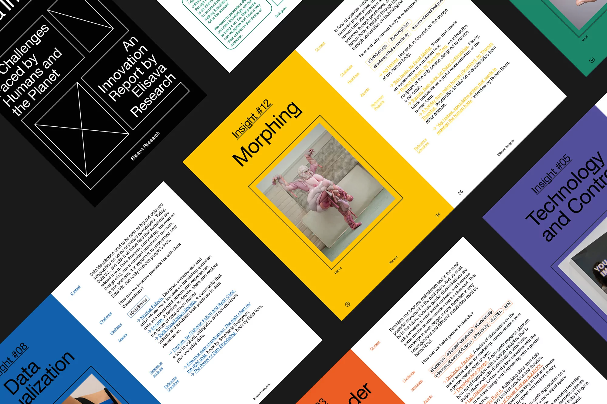 Report covers include 'Morphing,' 'Data Visualization,' 'Technology and Control,' and 'Challenges Faced by Humans and the Planet'.