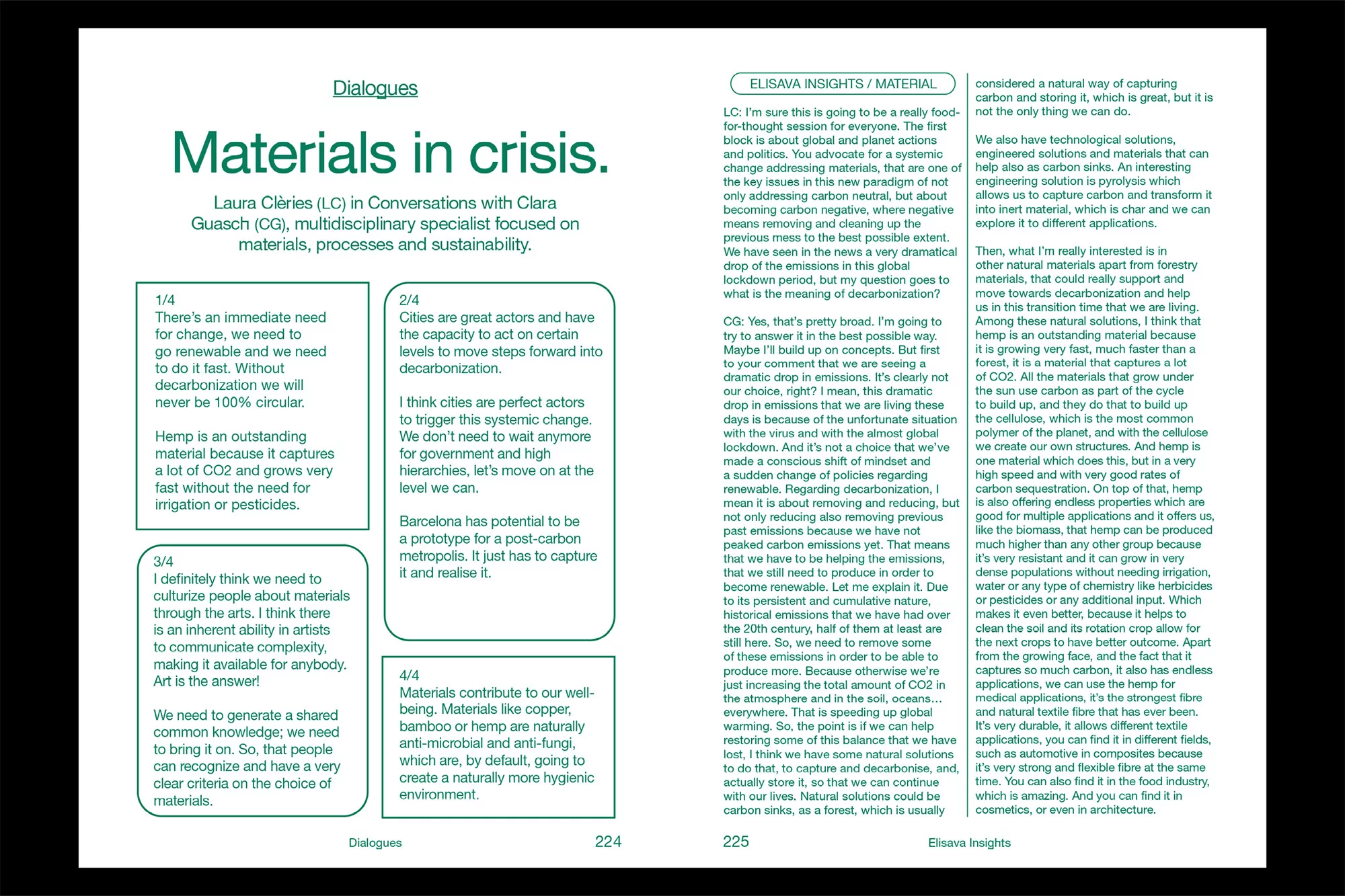 An article titled Materials in Crisis, with text blocks discussing renewable materials like hemp and their environmental benefits.