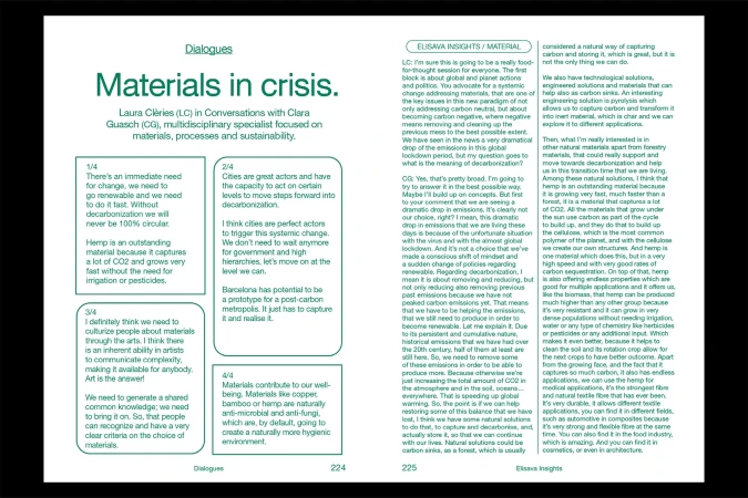 An article titled Materials in Crisis, with text blocks discussing renewable materials like hemp and their environmental benefits.