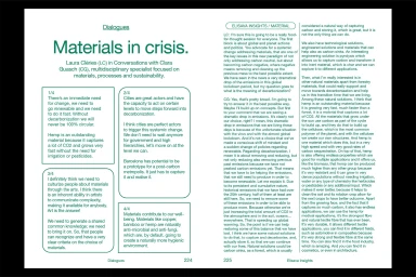 Spreading pages of a publication titled Dialogues showing green typography and text blocks on white background