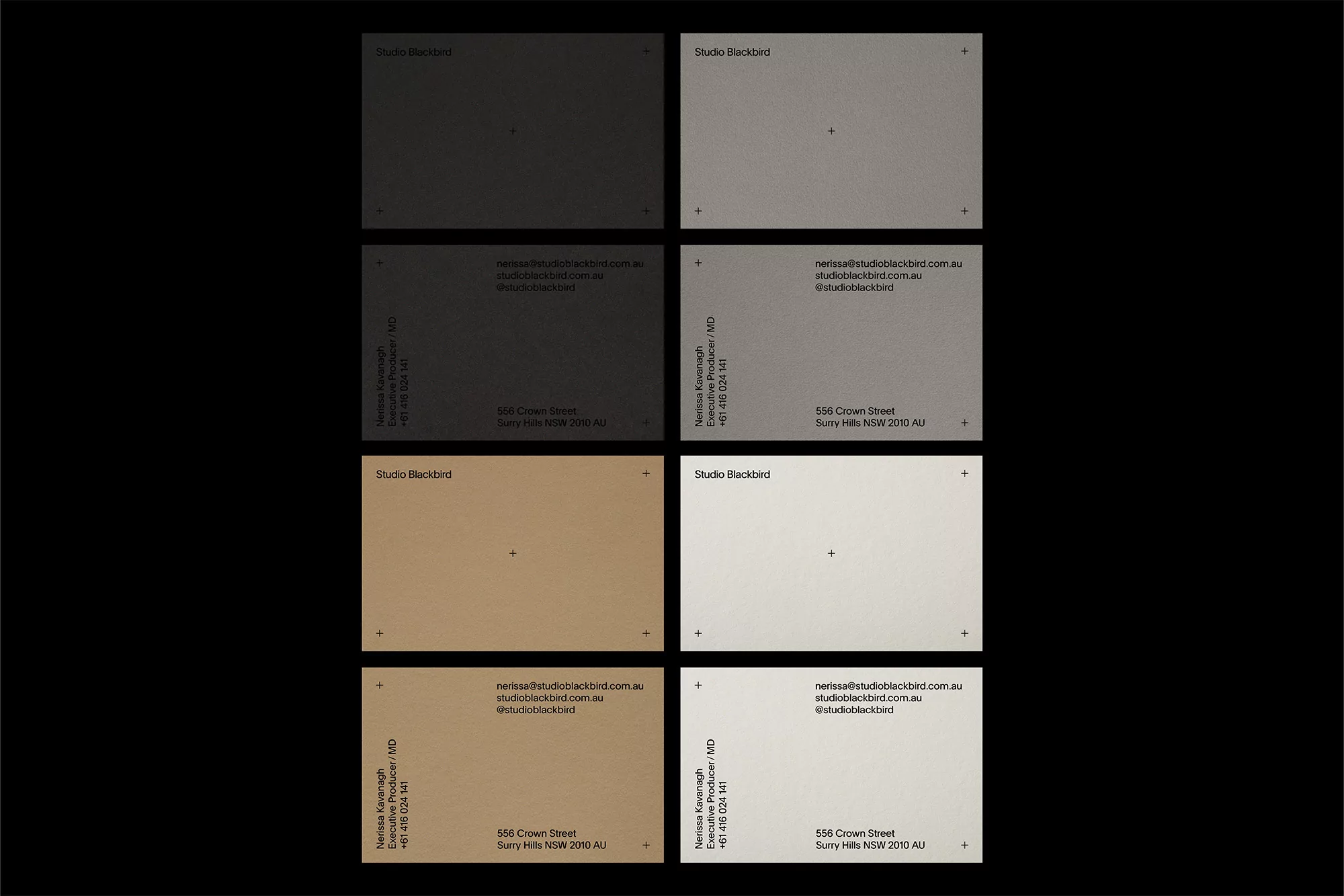 Collection of business cards for Studio Blackbird, featuring logo and contact information, with varying color backgrounds.