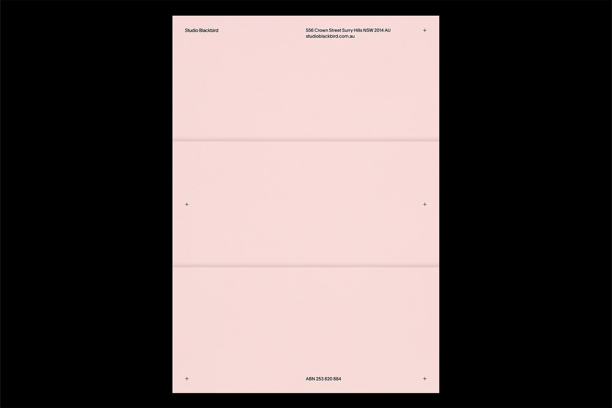 Promotional flat lay: pink paper with studio information and contact details, against a black background; minimal branding.
