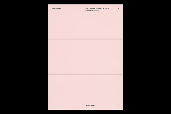 Promotional flat lay: pink paper with studio information and contact details, against a black background; minimal branding.