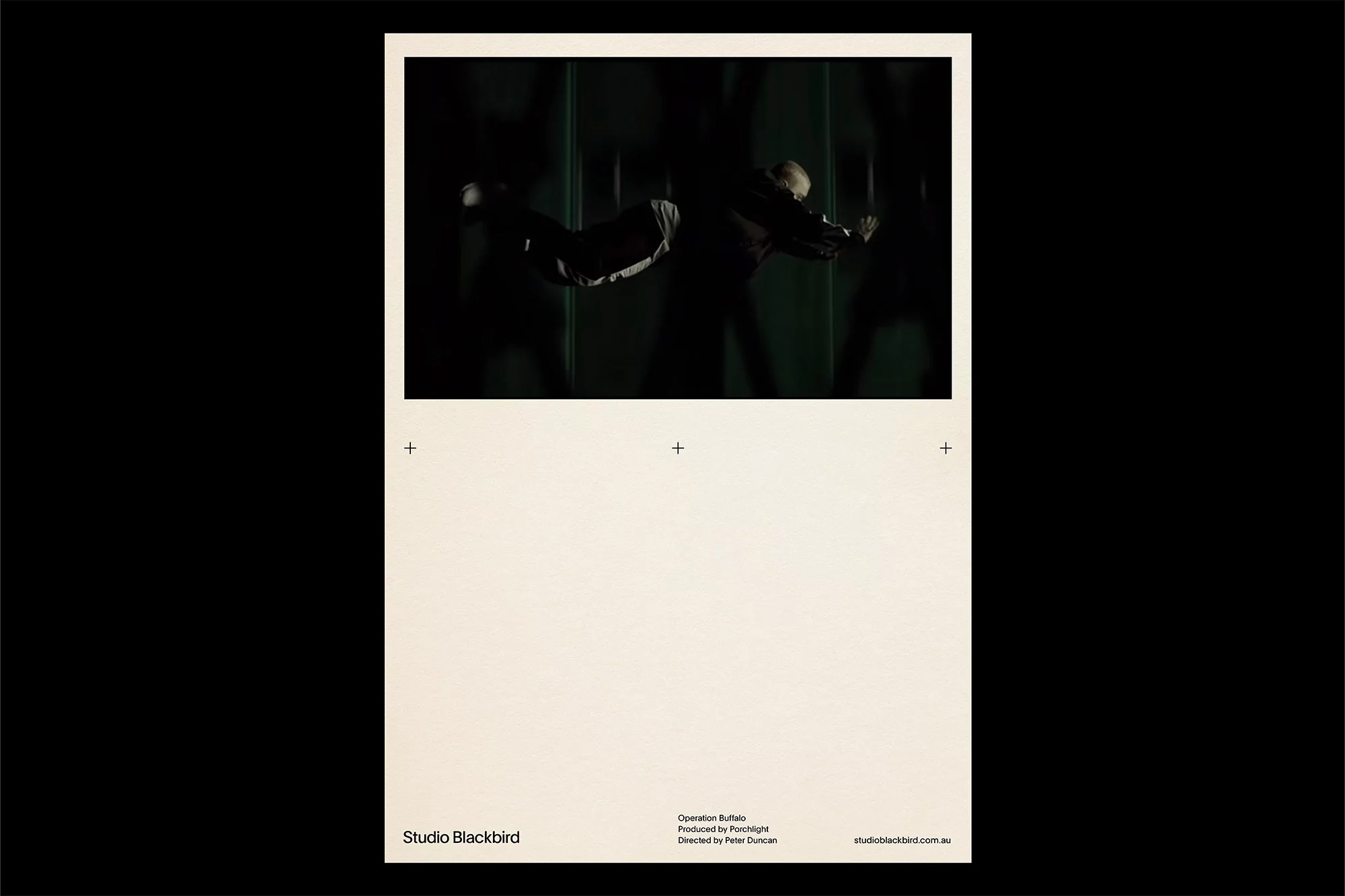 Creative image of a silhouetted person falling against a dark backdrop, framed within a poster with text elements and plus sign details.