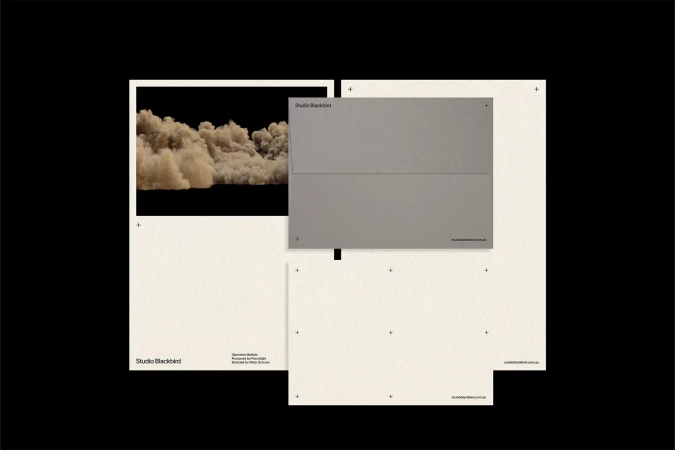 A modern product advertisement featuring a visual effects dust cloud, grey scale material swatches and graphic text elements on a cream paper background.