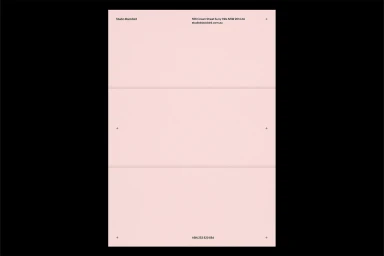 Minimalist graphic design brand identity layout with pale pink stationery featuring typographic details and crop marks on a solid black background.