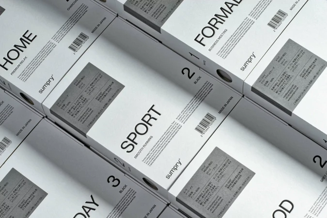 Close-up of stacked Sumprey product boxes in shades of black, white, and grey. Packaging indicates a range of clothing styles.