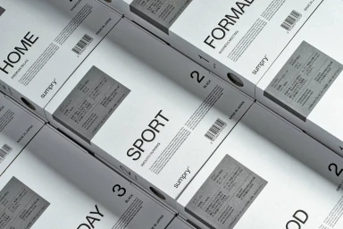 Minimalist white packaging boxes with black typography and barcodes arranged in a neat grid pattern.