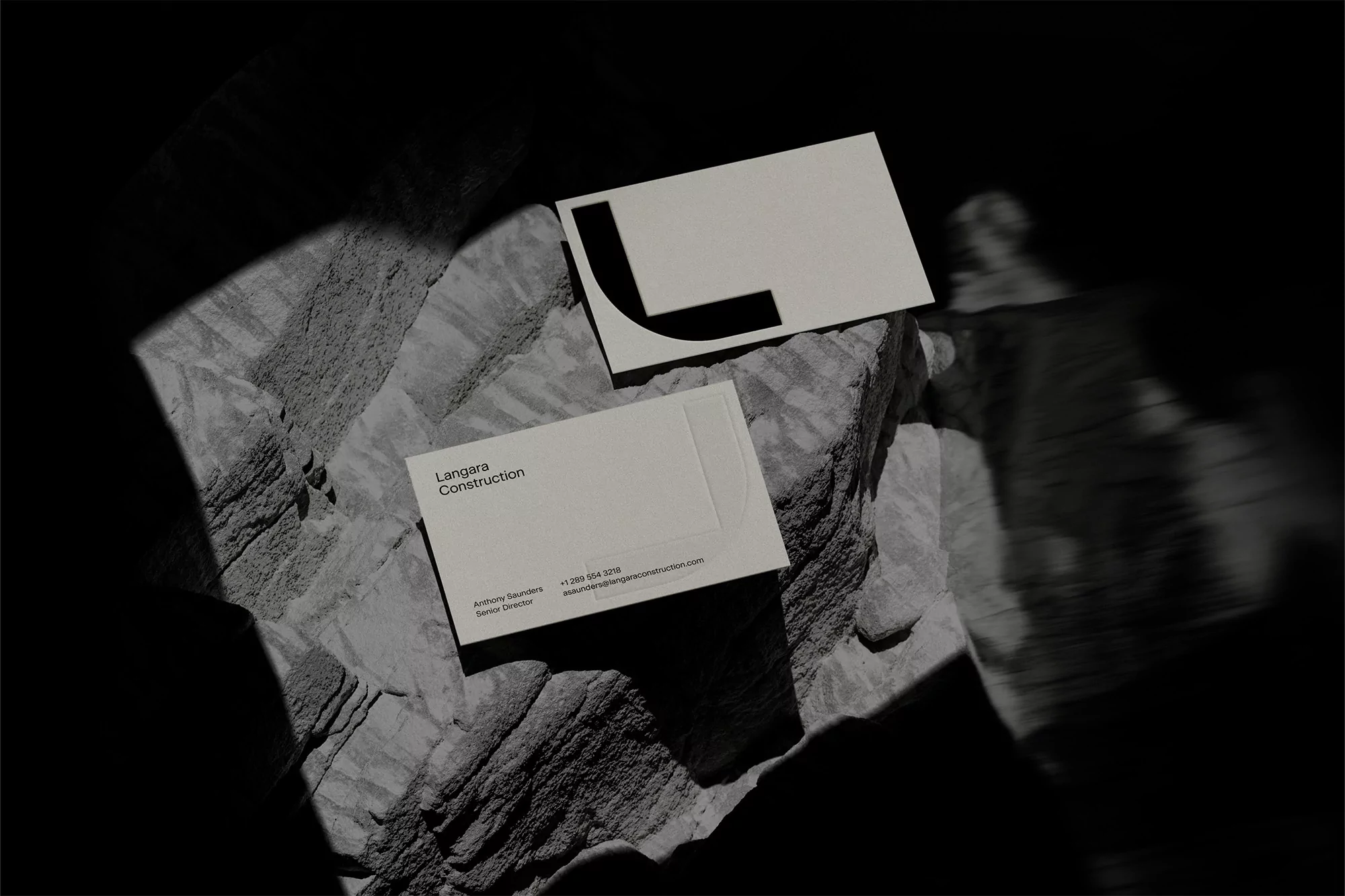 Two business cards, one with a large 'L' logo, rest on a textured stone surface in contrasting light and shadows, showcasing design and materials.