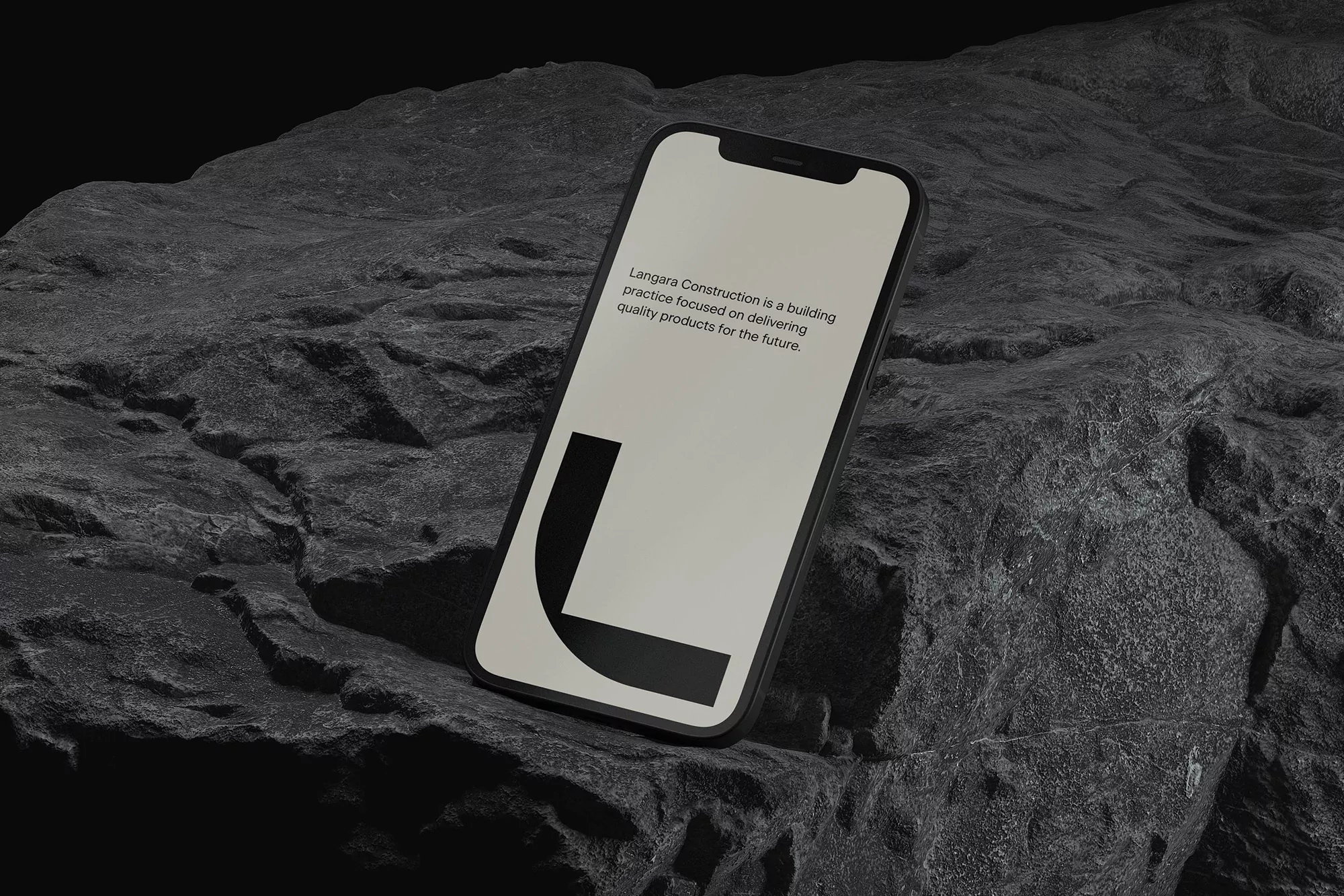 Smartphone displays 'Langara Construction' text with logo on a textured rock surface against dark background, promoting building services.