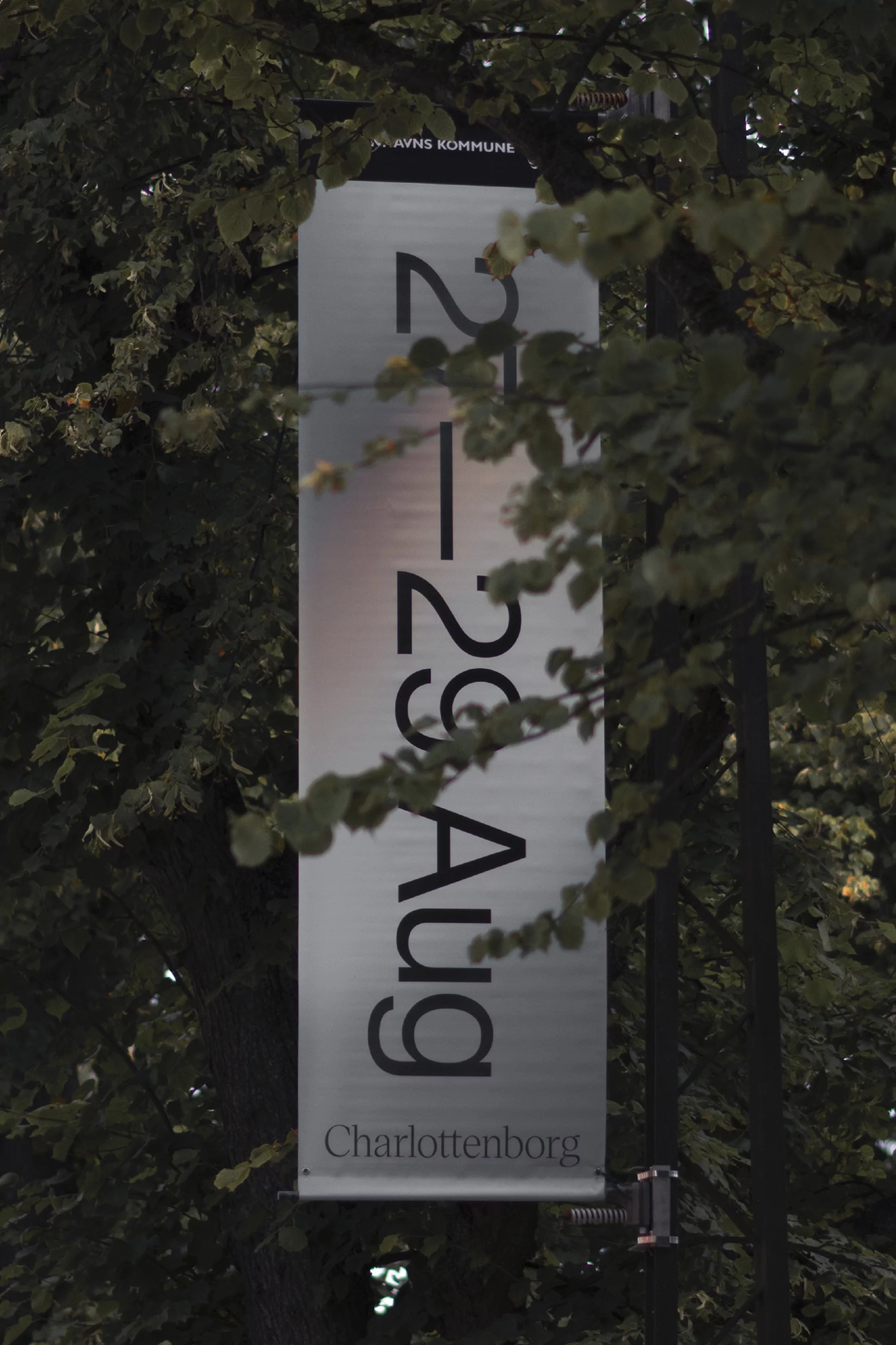 Banner advertising the dates of 27-29 August is partially visible through a screen of tree leaves in an outdoor setting.